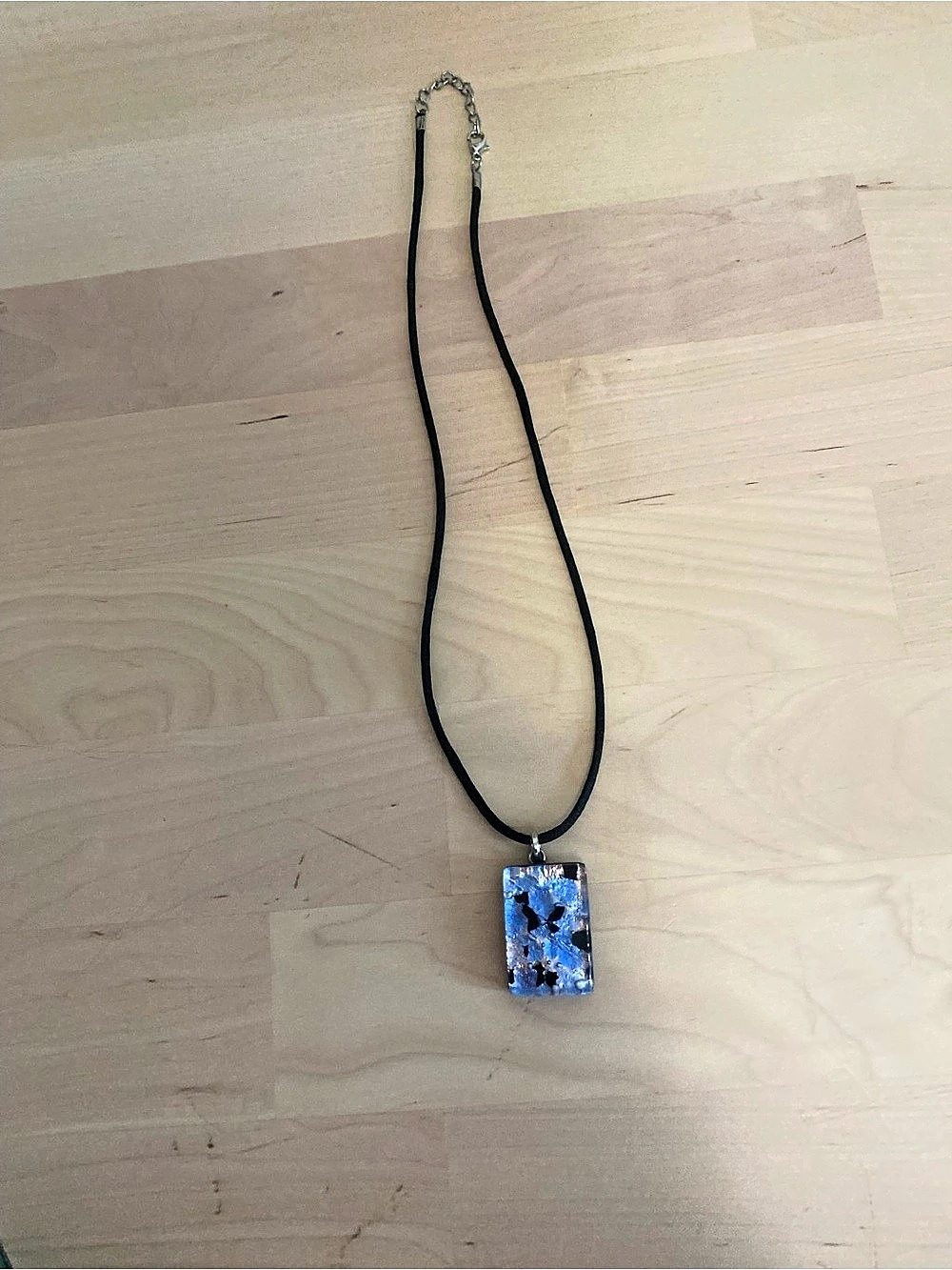 Murano Blue & Black Glass Pendant Necklace- Venetian blue foil lava pattern